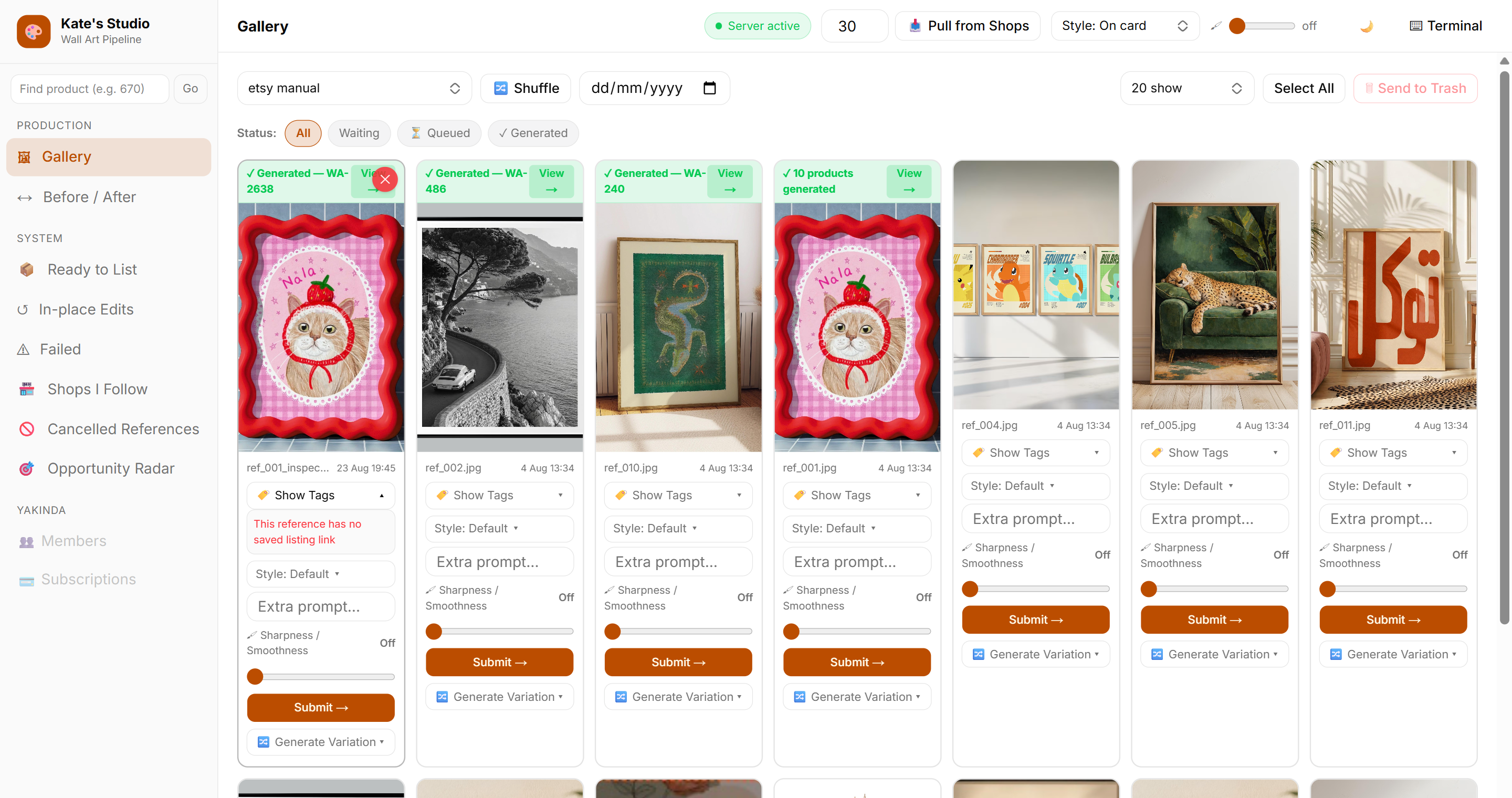 Detailed gallery view with tag and style controls per design