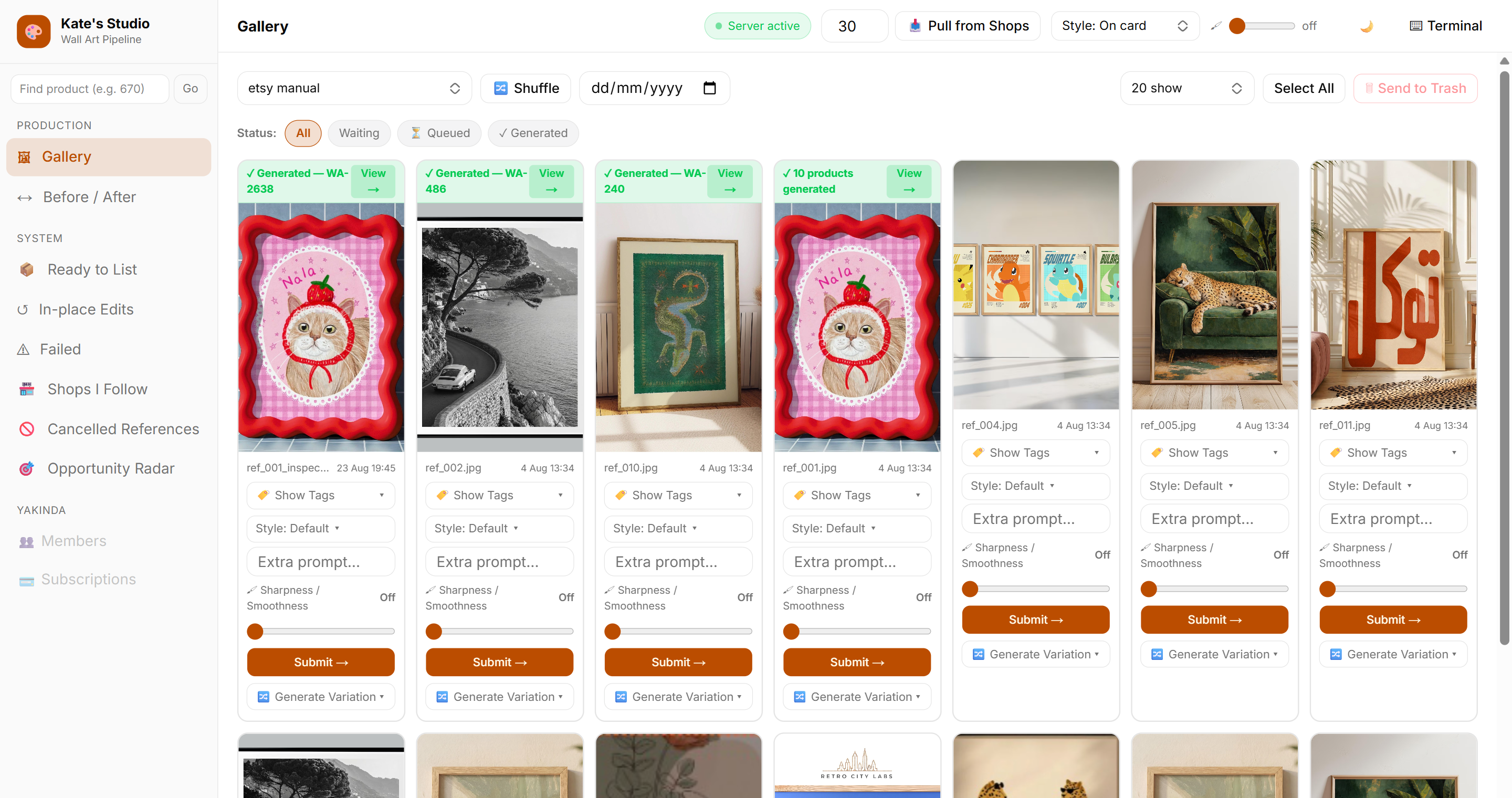 Curation gallery showing generated wall art designs with approval status